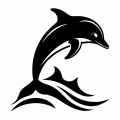 Dolphin over a wave engraving vector silhouette an white background