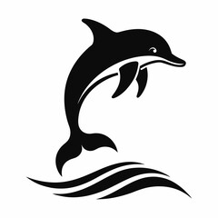 Dolphin over a wave engraving vector silhouette an white background