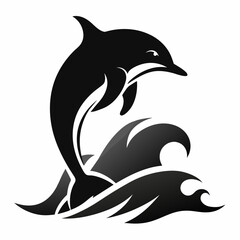 Dolphin over a wave engraving vector silhouette an white background