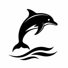 Dolphin over a wave engraving vector silhouette an white background