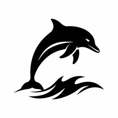 Dolphin over a wave engraving vector silhouette an white background