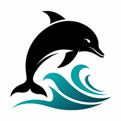 Dolphin over a wave engraving vector silhouette an white background