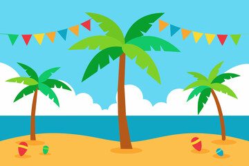 A tropical birthday backdrop with palm trees, a sandy beach and brightly colored decorations vector illustration