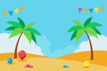 A tropical birthday backdrop with palm trees, a sandy beach and brightly colored decorations vector illustration