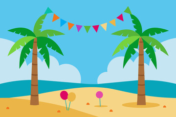 A tropical birthday backdrop with palm trees, a sandy beach and brightly colored decorations vector illustration