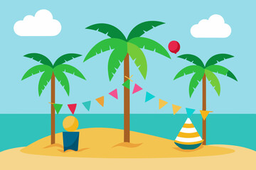 A tropical birthday backdrop with palm trees, a sandy beach and brightly colored decorations vector illustration