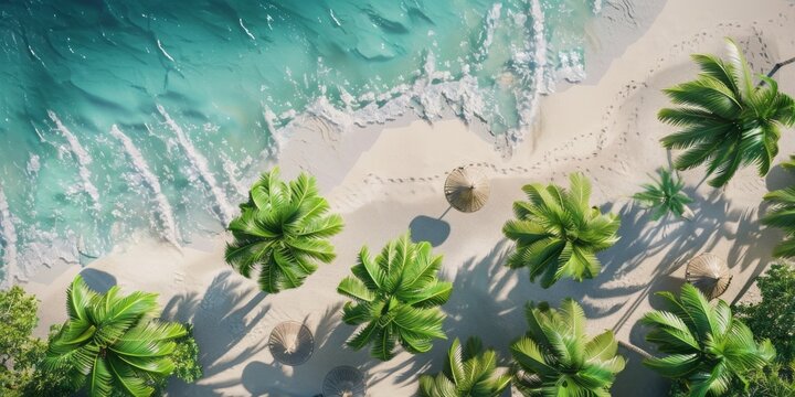Top view of green palm trees, umbrellas on sandy beach and the ocean at sunset. Tropical landscape with palm trees, white sand, clear blue sea.
