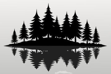 Fototapeta premium Reflection in water, pine tree forest vector silhouette