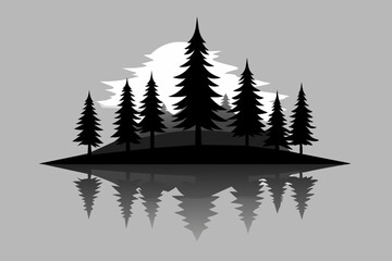 Obraz premium Reflection in water, pine tree forest vector silhouette