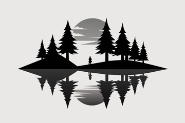 Obraz premium Reflection in water, pine tree forest vector silhouette