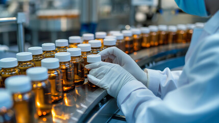 A worker in protective gear is inspecting medicine bottles on a pharmaceutical production line, ensuring quality control