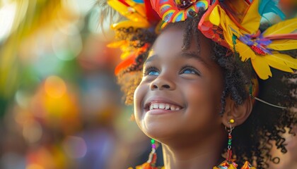 Joyful child in colorful costume and headdress, smiling warmly at a festive event. Bright, vivid colors and happy expression.