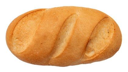 A loaf of wheat bread with cuts on a white background. View from above. Bakery. Roll isolate