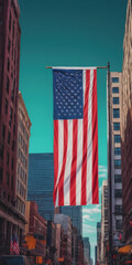 Naklejka premium Labor Day in the USA, Independence Day in the USA, holiday in the USA. the US flag on the background of the city. The American flag