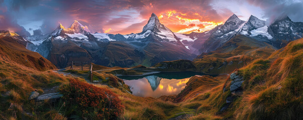 A breathtaking evening panoramascene captures a picturesque autumn sunset in the beauty of nature.