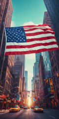 Naklejka premium Labor Day in the USA, Independence Day in the USA, holiday in the USA. the US flag on the background of the city. The American flag