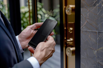 A businessman closely holds a phone, using an application to remotely control the door opening of a house or office.