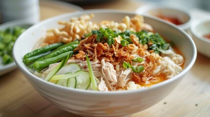 Chicken porridge served in a plain white bowl topped with shredded chicken Chinese crullers green beans wontons and sliced celery