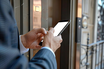 A businessman closely holds a phone, using an application to remotely control the door opening of a house or office.