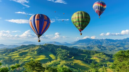 Fototapeta premium colorful hot air balloons soaring over lush green rice fields in mountainous terrain, set against a backdrop of a blue sky adorned with fluffy clouds, symbolizing adventure and travel.