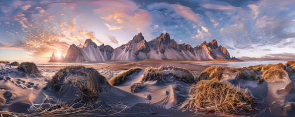 A captivating view of mountain during sunset. stunning Icelandic seascape showcases the natural beauty of the region
