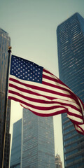 Labor Day in the USA, Independence Day in the USA, holiday in the USA. the US flag on the background of the city. The American flag