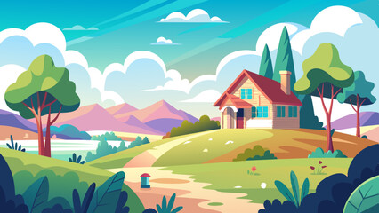 a large clearing and a house on the horizon vector illustration