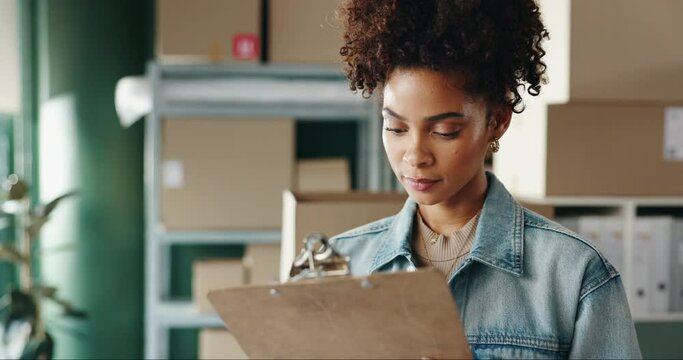 Business woman, logistics and checklist with clipboard for inventory, counting stock or boxes at store. Young female person or owner checking packages, parcel or shipment for order, delivery or cargo