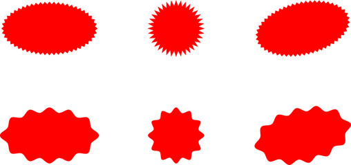 Starburst red sticker set. Star burst price icon.  Promo stickers with star edges. Star burst price icon. Round sale tag badge. Circle sale buttons. Sunburst label isolated on white background. Vector