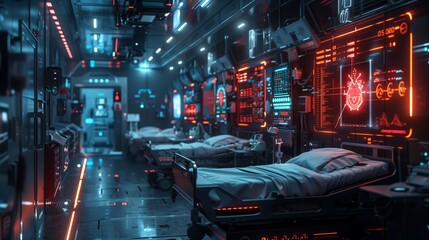 A futuristic Intensive Care Unit with holographic displays monitoring patients vital signs. The room is dimly lit with neon lights and features multiple hospital beds.