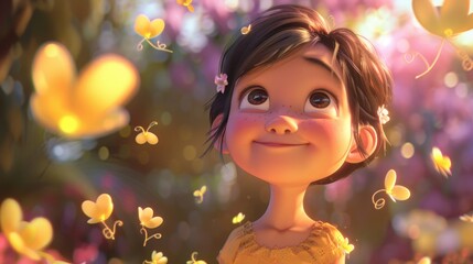 Fototapeta premium An adorable cartoon character a young girl deeply immersed in the feeling of love