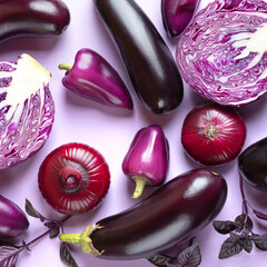 Composition of fresh vegetables eggplants, cabbage, pepper, onion and basil leaves of on pastel purple background. Flat lay, top view.