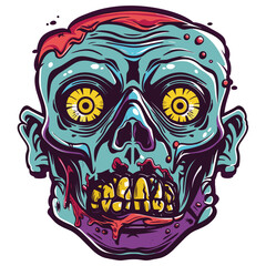 Colorful zombie head illustration, detailed horror art, vibrant undead graphic design. Yelloweyed skull dripping blood, scary Halloween theme, creepy undead character drawing. Pop art style zombie