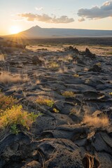 In the desert, rugged volcanic mountains meet sandy valleys, kissed by the rays of sunrise or sunset.