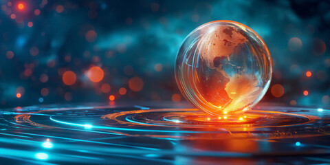 An illuminated globe with fiery effects sits atop a futuristic interface with glowing neon lights