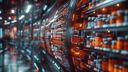 A close-up image of a futuristic holographic display showing information about various medications in a pharmacy setting.
