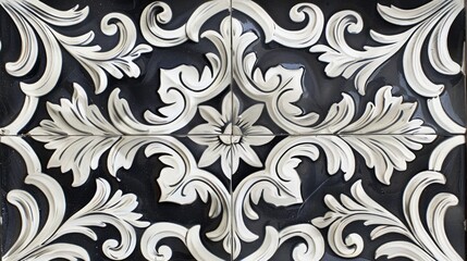 Stunning gray and white Spanish ceramic sample Black and white tones with borderless floral pattern Ink toned square Arabesque design
