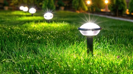 evening time with three solar garden lights illuminating the green grass, enhancing the garden landscape design, lighting, and decor.