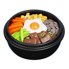 3D Bibimbap, Korean style of Mixed vegetables and beef rice in stone bowl isolated. Gourmet delicious food icon. 3d rendering.