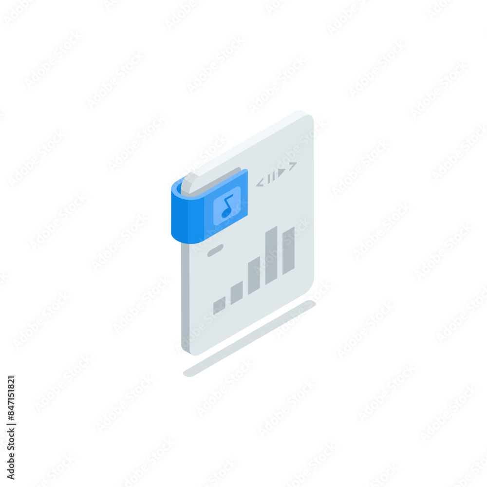 Poster isometric vector audio file icon, in color on a white background, audio file format designation