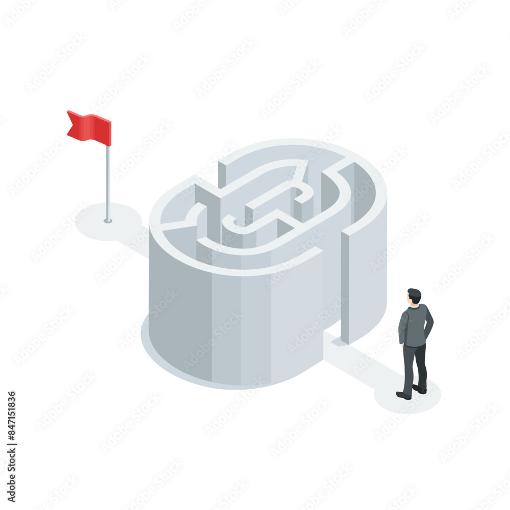 Poster isometric vector business man stands in front of the entrance to the labyrinth through which you nee