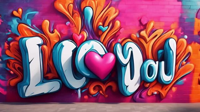 3D 'I Love You' text on a vibrant colorful graffiti wall, 8K hyperrealism