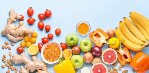 Healthy products on color background