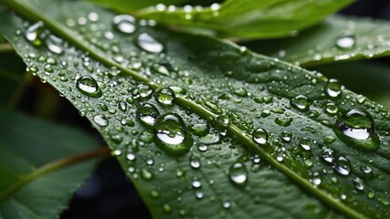 Liquid droplets glistening on vibrant green leaves, a close-up of nature's morning dew