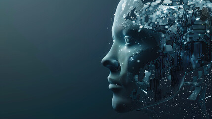 Realistic Artificial intelligence. Computer mind connections head. Human head with circuit board inside. Engineering concept. Technology web background. Virtual concept 