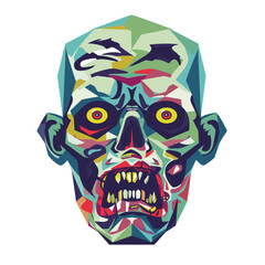 Geometric zombie head illustration showing colorful undead features, frightening expression. Multicolored abstract zombie portrait, horror theme, detailed facial features, yellow eyes, snarling