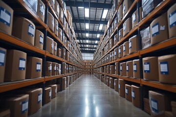 Fototapeta premium In the warehouse, shelves and racks organize merchandise, facilitating efficient shipping and distribution within the industrial space.