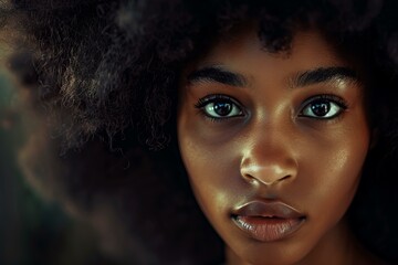 Fototapeta premium Beautiful young woman with a lush afro hairstyle is posing on a dark background