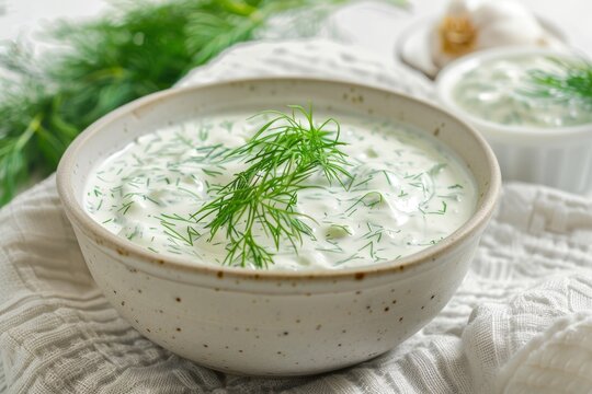 Dill sauce in bowl, tzatziki greek dip, tarator, cacik or tartar with lemon, dill dressing, mayo, yogurt cream