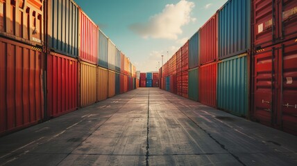 Colorful shipping containers arranged in rows at a storage facility under a bright sky on a sunny day.